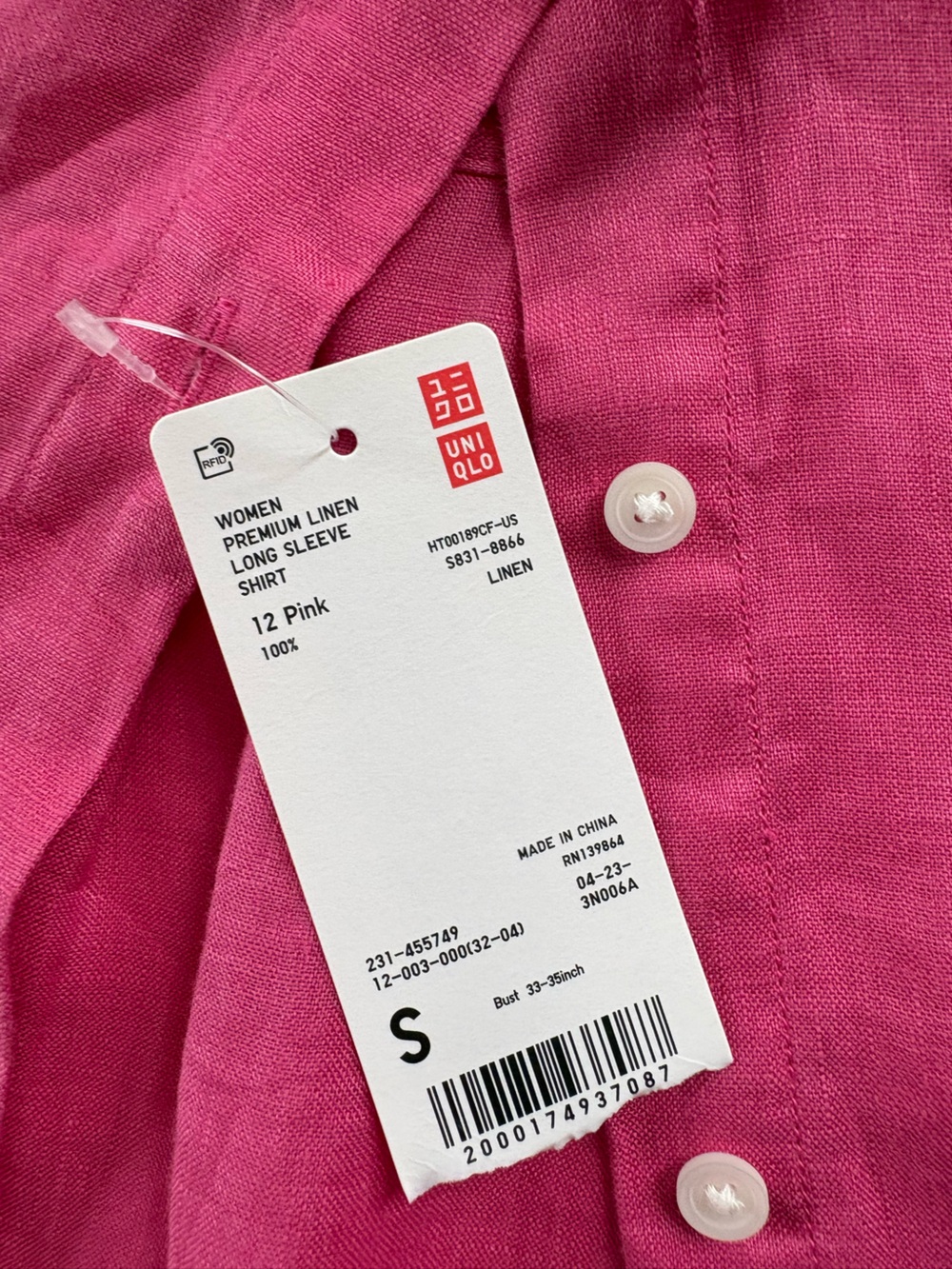 UNIQLO NWT Hot Pink 100% linen button down Small